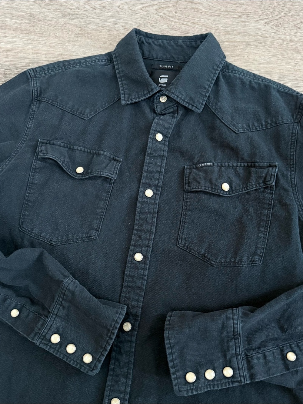 G-Star Raw Men’s 3301 Black Cotton Denim Snap Western Shirt Size Medium Slim Fit